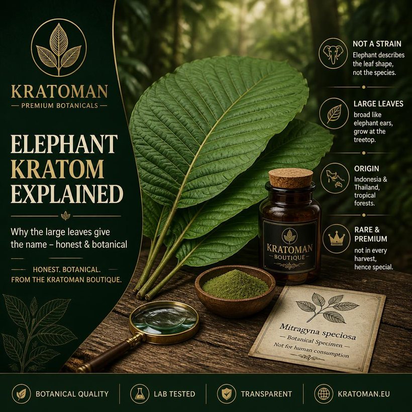 Elephant Kratom explained – large leaves of Mitragyna speciosa, botanical specimen