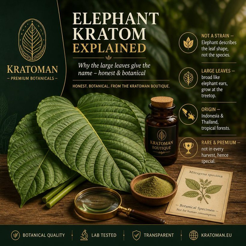 Elephant Kratom explained – large leaves of Mitragyna speciosa, botanical specimen