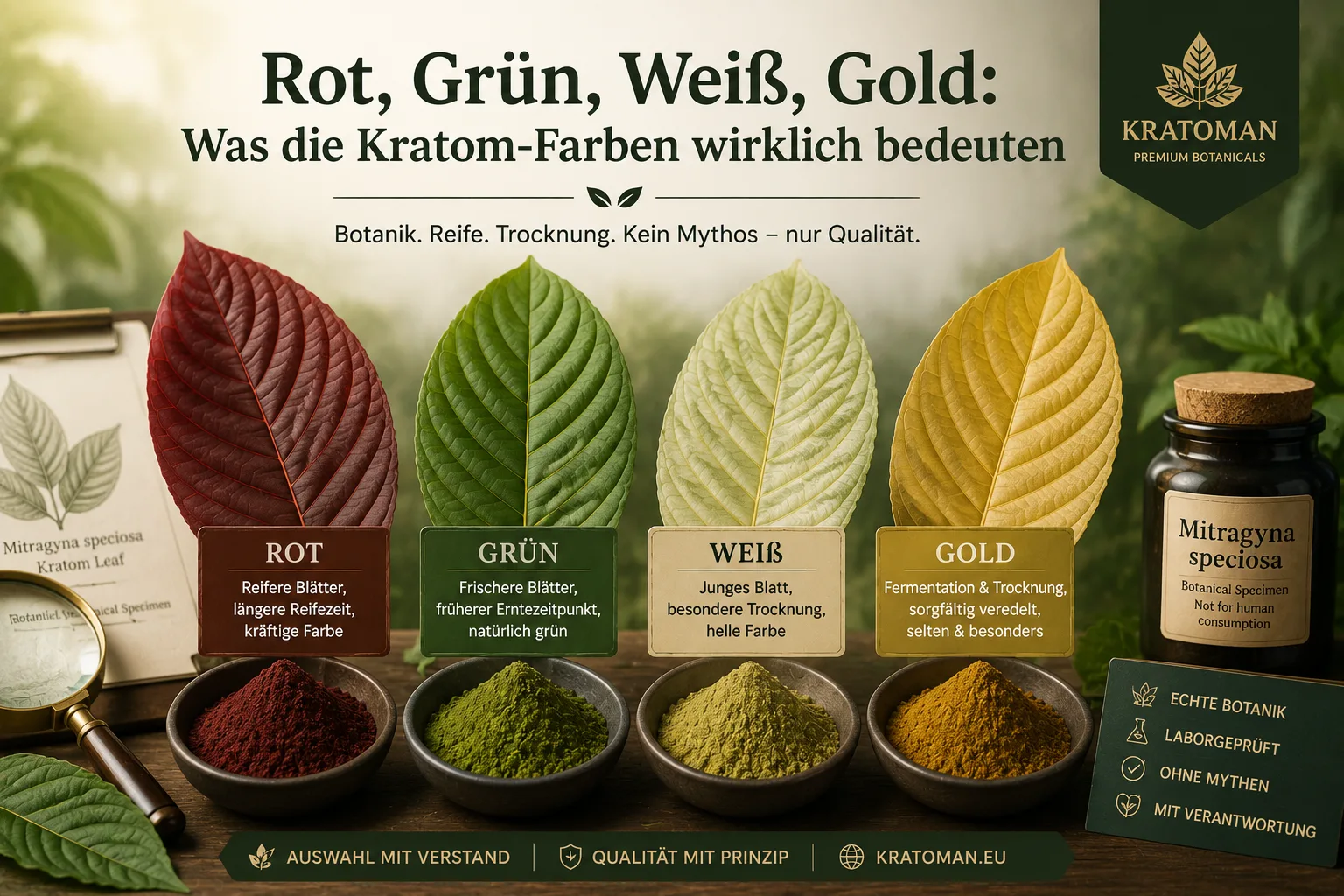 Rot, Grün, Weiß oder Gold? Die Unterschiede der Kratom-Farben einfach erklärt Kratom Sorten & Farben: Rot, Grün, Weiß, Gold | Kratoman